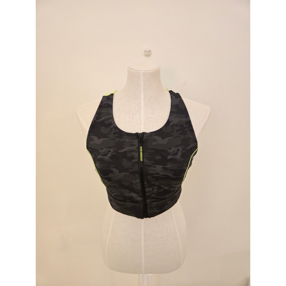 Good American Black Camo Zip Front Sports Bra Neon‎ Green Racerback Size 4